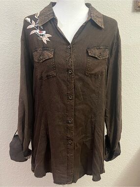 Emma G brown, long-sleeve embroidered button-down utility tunic shirt